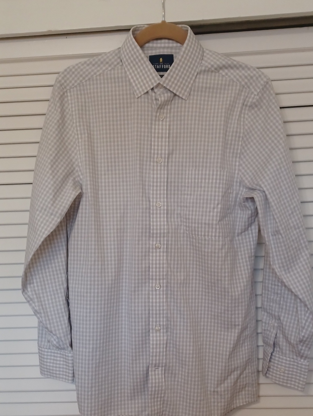 Stafford LS Shirt Dress Smart Tech Men's Light Gray Check Cotton Blend Small New